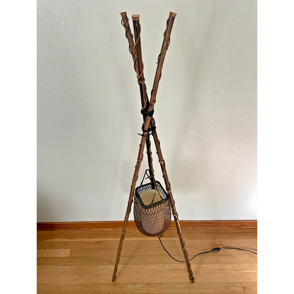 Vintage Bamboo Tripod Floor Lamp with Rattan Shade - Picture 3 of 8